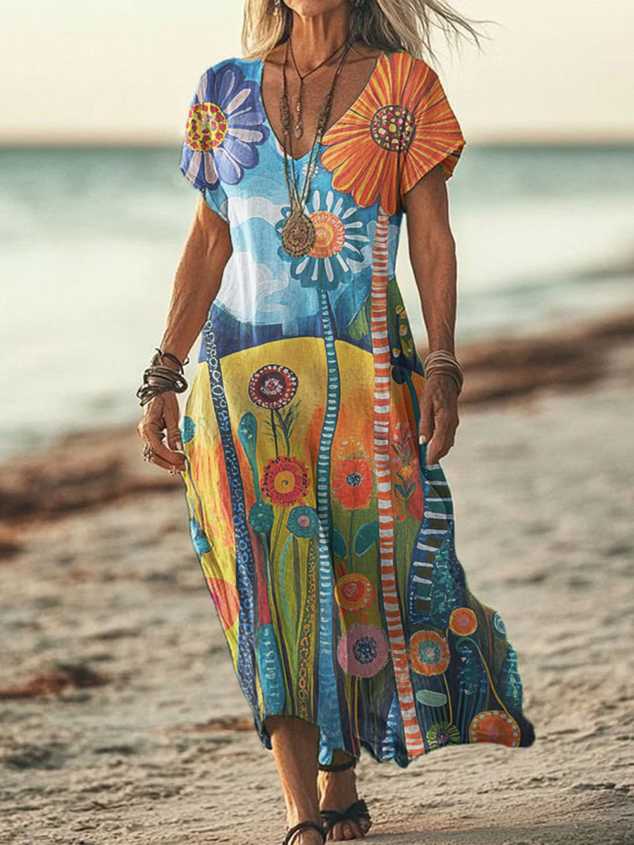 Women's Vintage Location Printed V-Neck Short Sleeve Dress