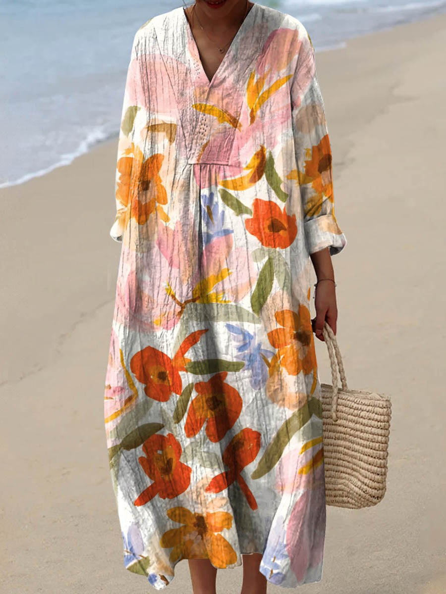 Women's Lovely Floral Pattern Art Print Cotton Dress