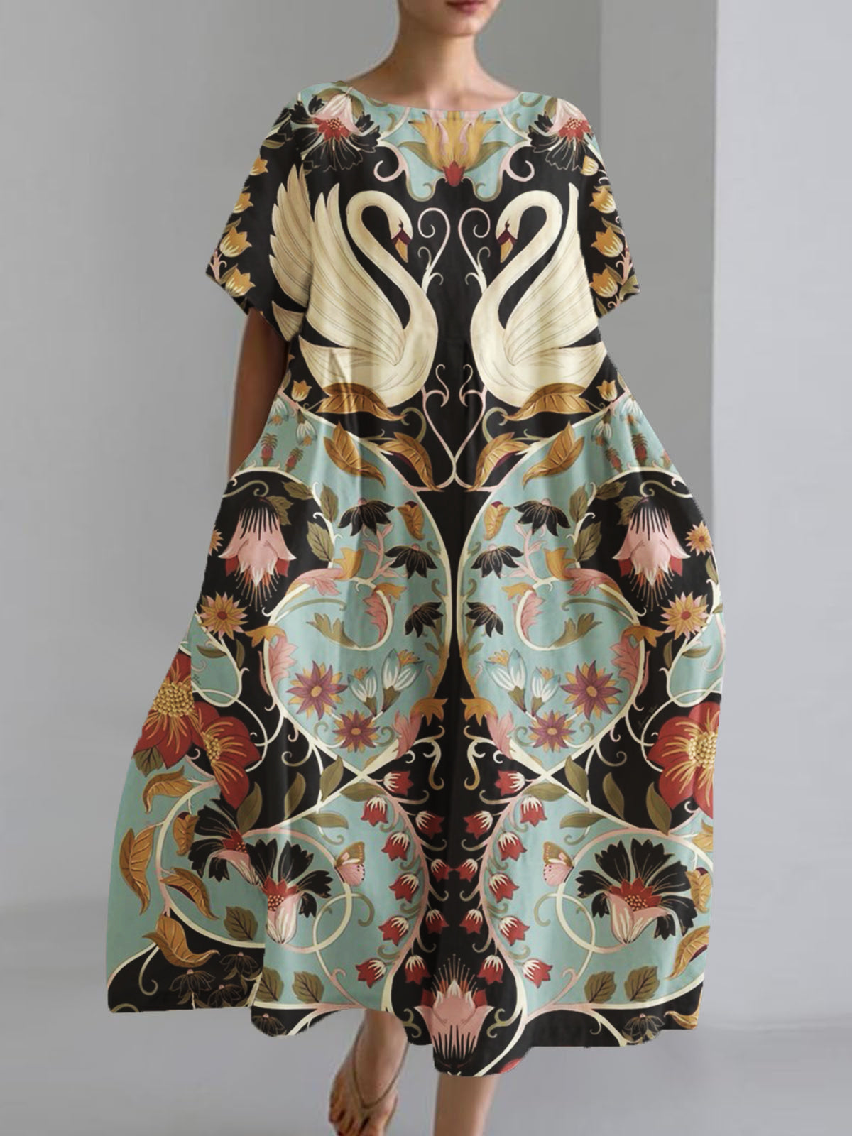 Women's Copatucano Art Printed Cotton Linen Short Sleeve Pocket Dress