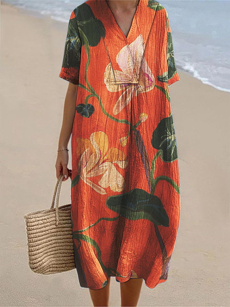 Women's Retro Positioning Printed V-Neck Short Sleeve Cotton Linen Dress