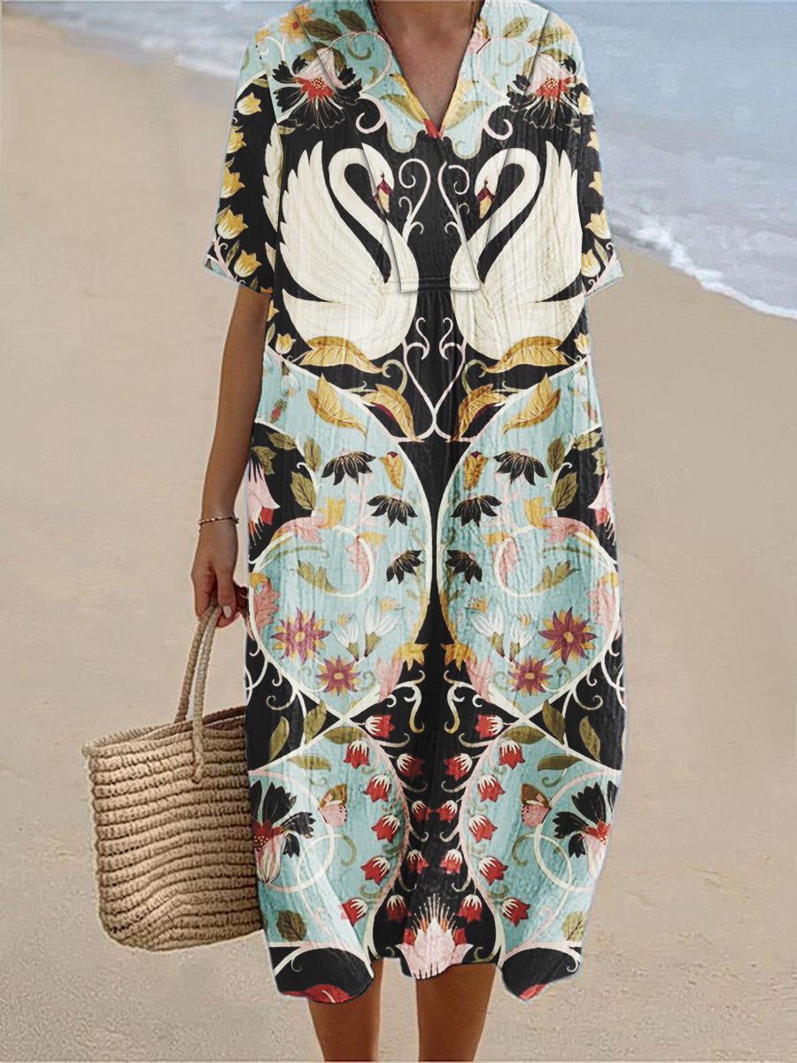 Women's Copatucano Art Printed Cotton Linen V-Neck Short Sleeve Dress