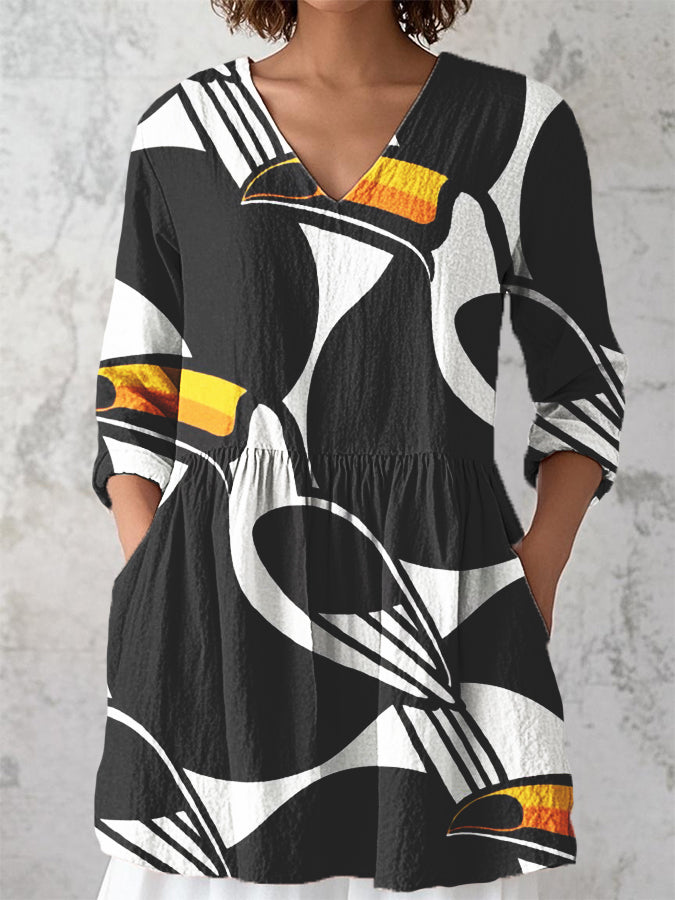 Women's Printed V-Neck 3/4 Sleeve Cotton Linen Shirt