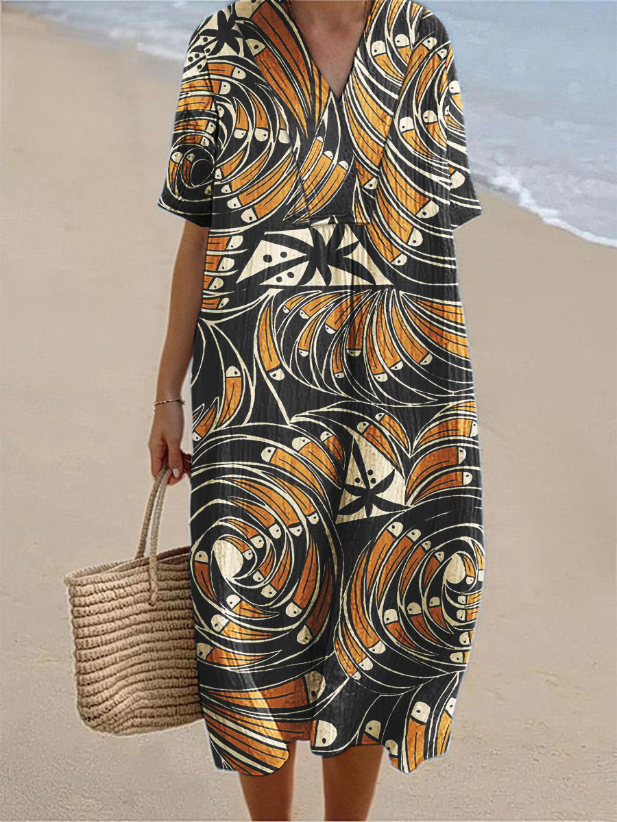 Women's Copatucano Art Printed Cotton Linen V-Neck Short Sleeve Dress