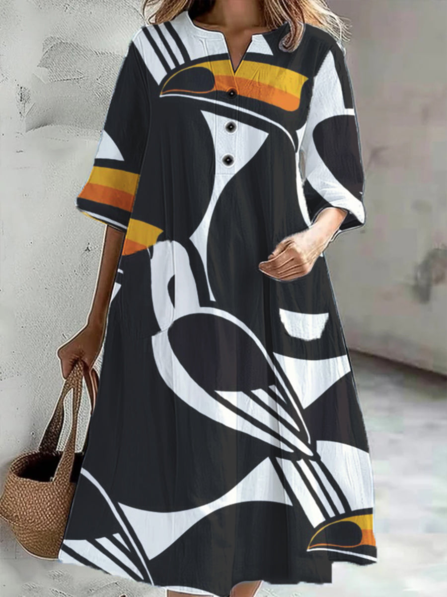 Women's Copatucano Art Print V-Neck 3/4 Sleeve Cotton Linen Shirt Dress