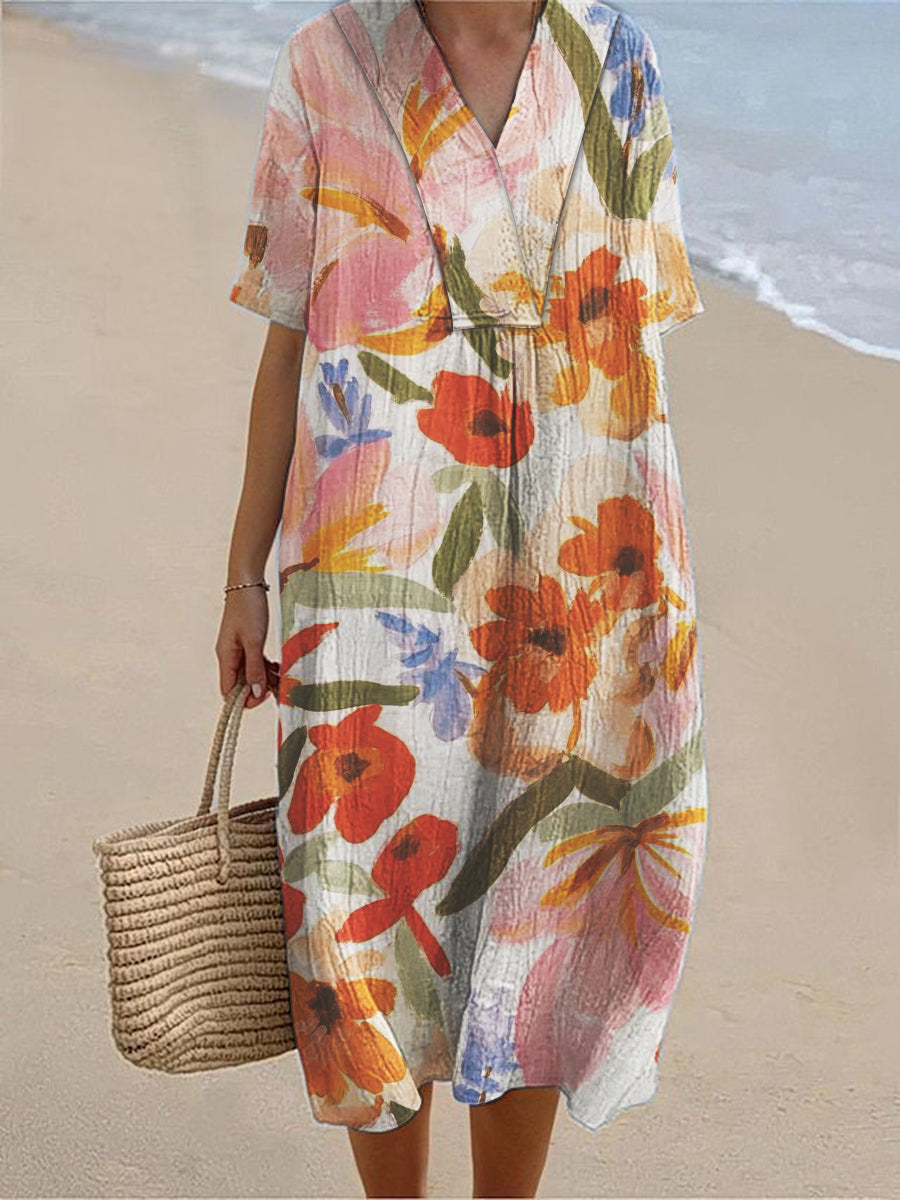 Women's Vintage Floral Print Short Sleeve V-Neck Dresses