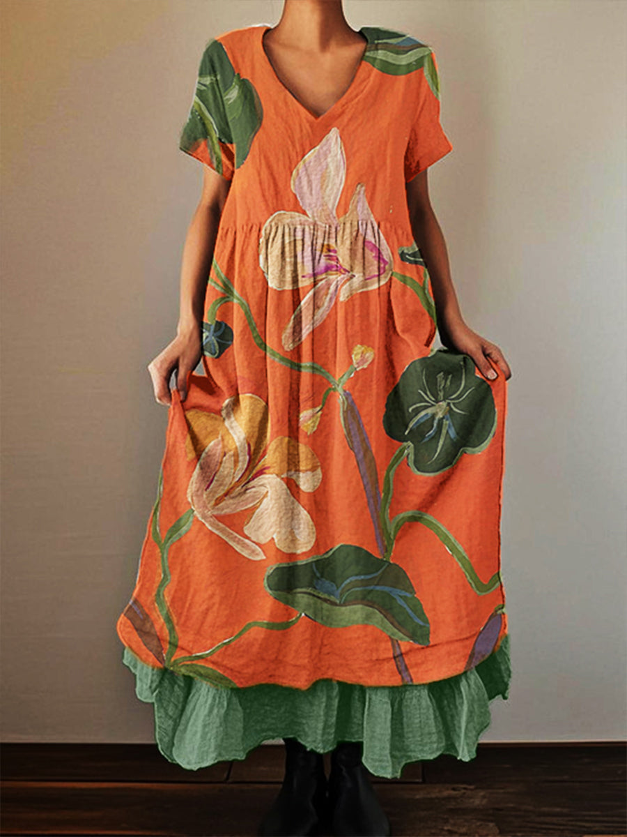 Women's Floral Art Print V-Neck Short Sleeve Cotton Linen Double Layer Dress