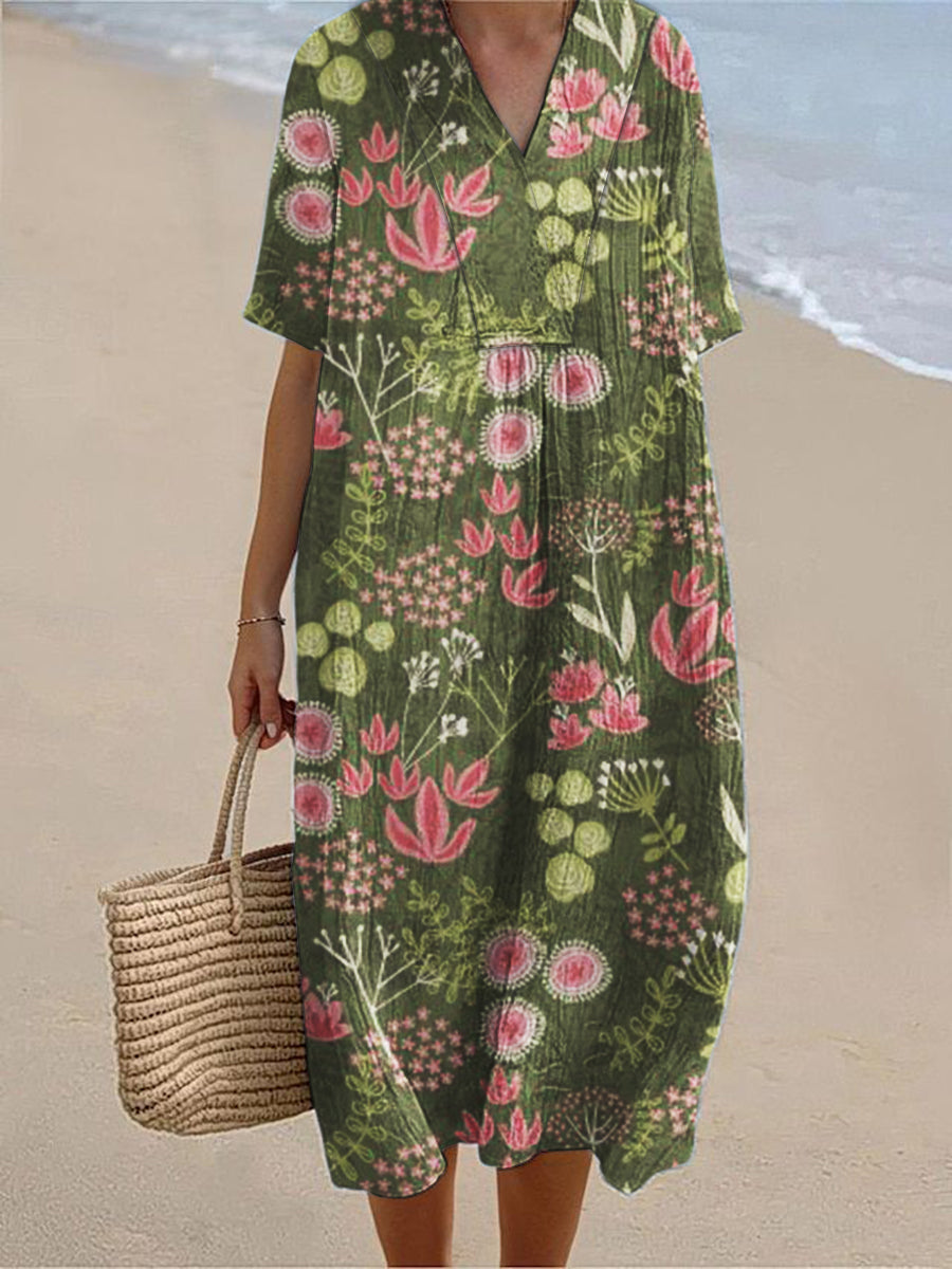 Women's Vintage Floral Print Short Sleeve V-Neck Dresses