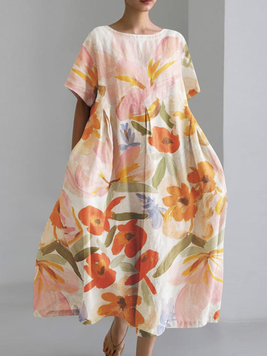 Women's Vintage Floral Print Short Sleeve Pocket Dresses