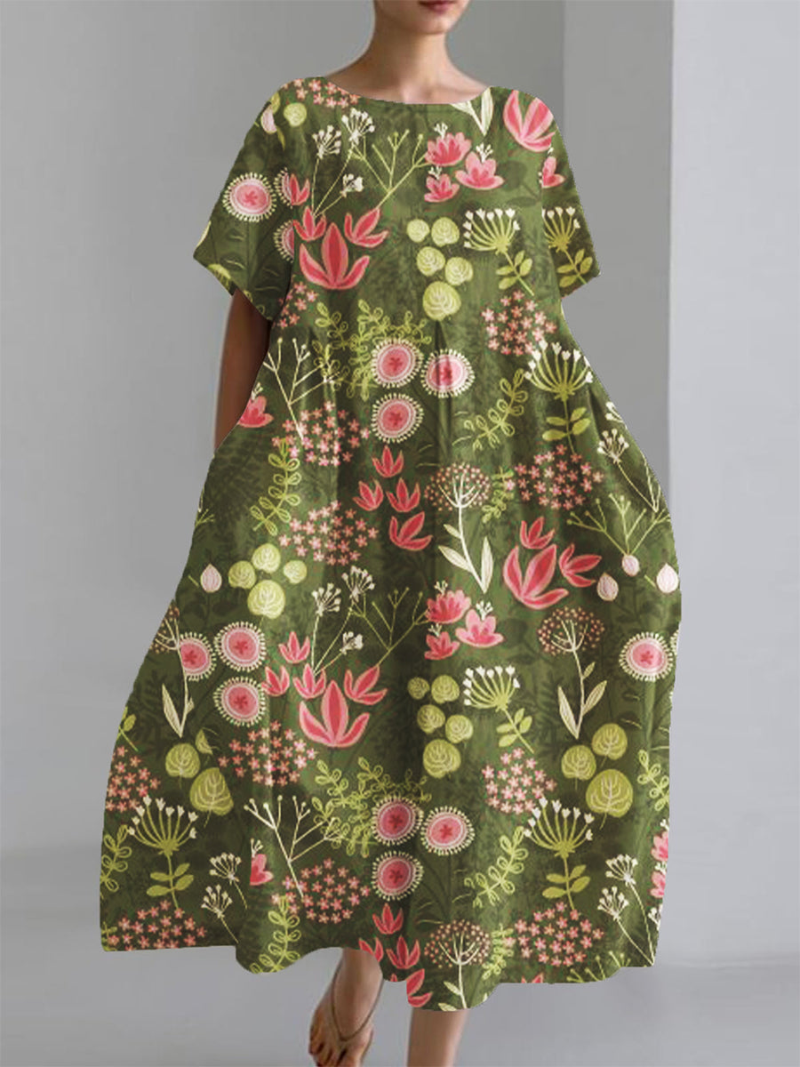 Women's Vintage Floral Print Short Sleeve Pocket Dresses