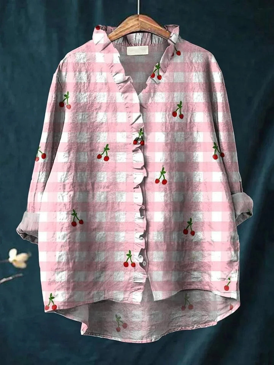 Women's Cute Summer Cherry and Plaid Printed Ruffle Shirt