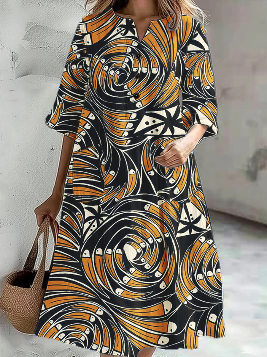 Women's Copatucano Art Print V-Neck 3/4 Sleeve Cotton Linen Shirt Dress