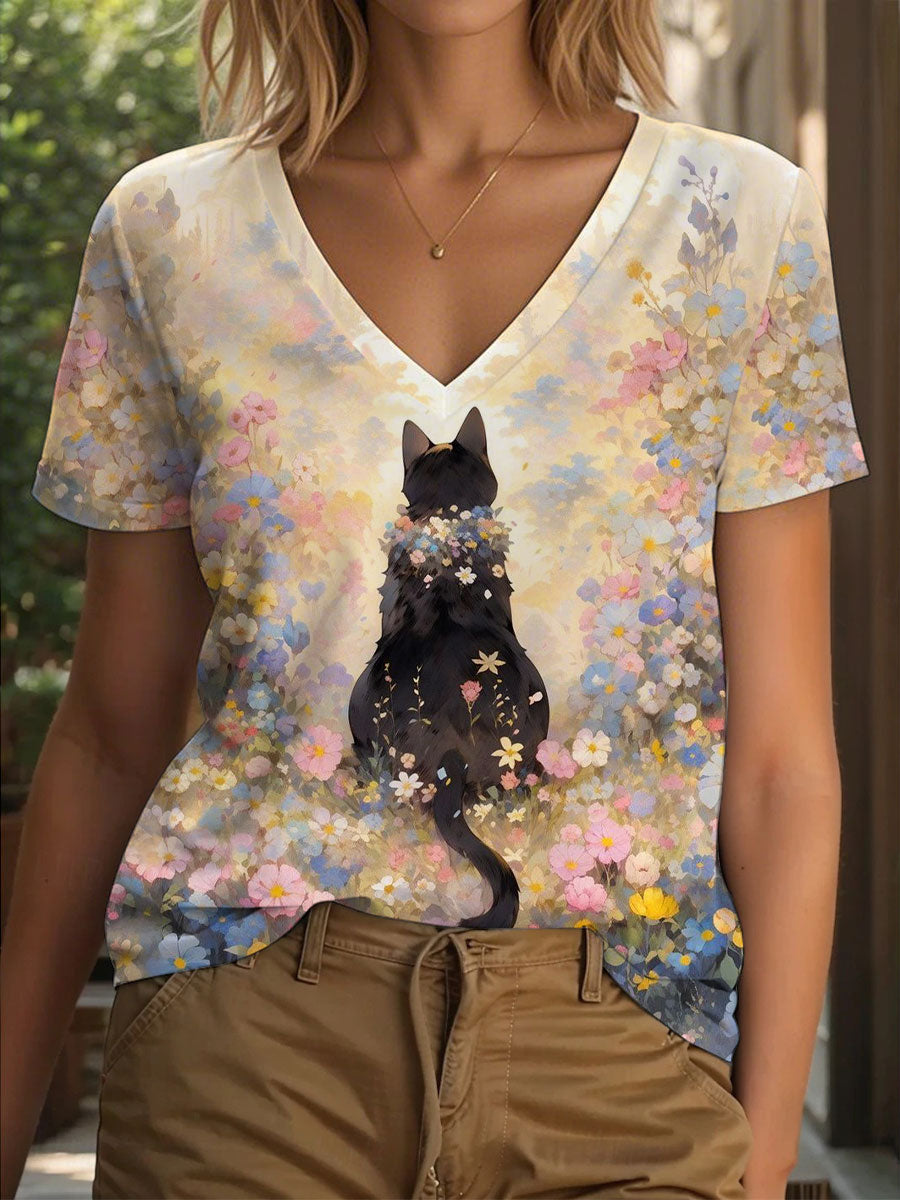 Women's Cat Art Print Casual V-Neck T-Shirt