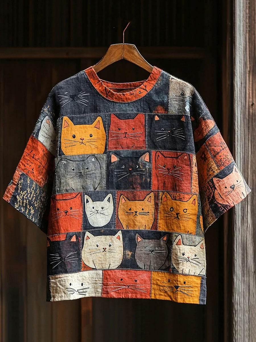 Women's Artistic Cat Patchwork Design Print T-shirt