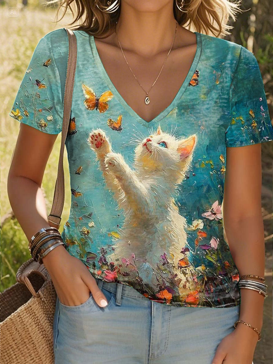 Women's Cat Art Print Casual V-Neck T-Shirt