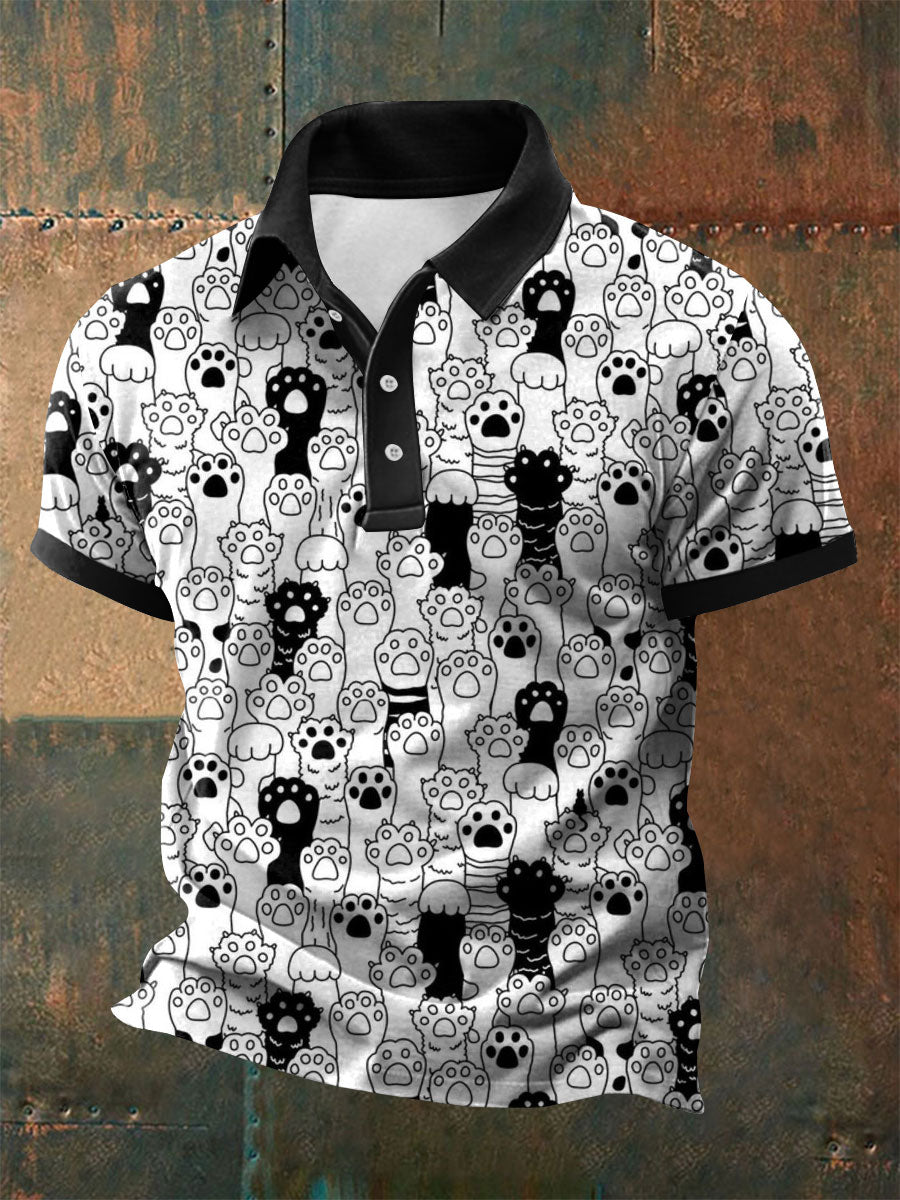 Men's black and white artistic cat print polo shirt