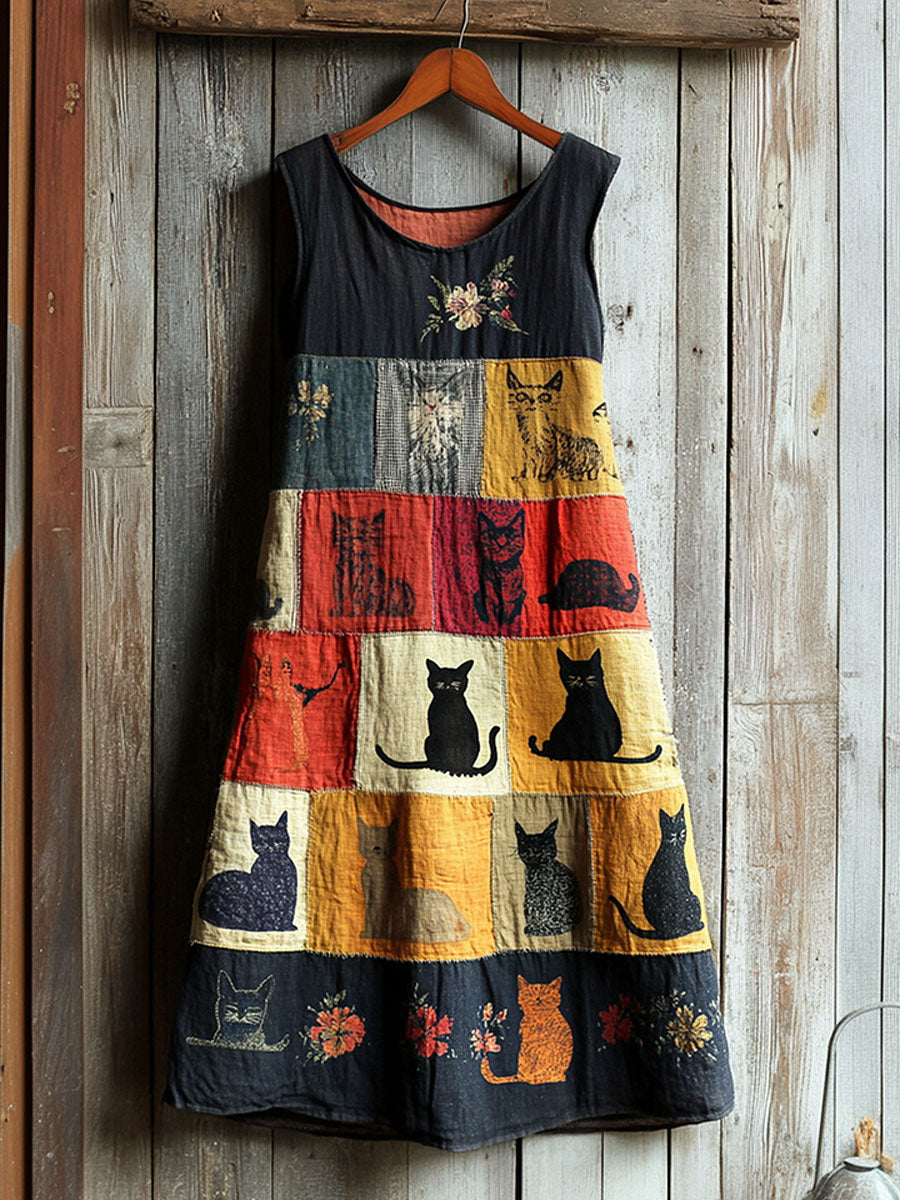 Women's Artistic Cat Patchwork Design Print Dress