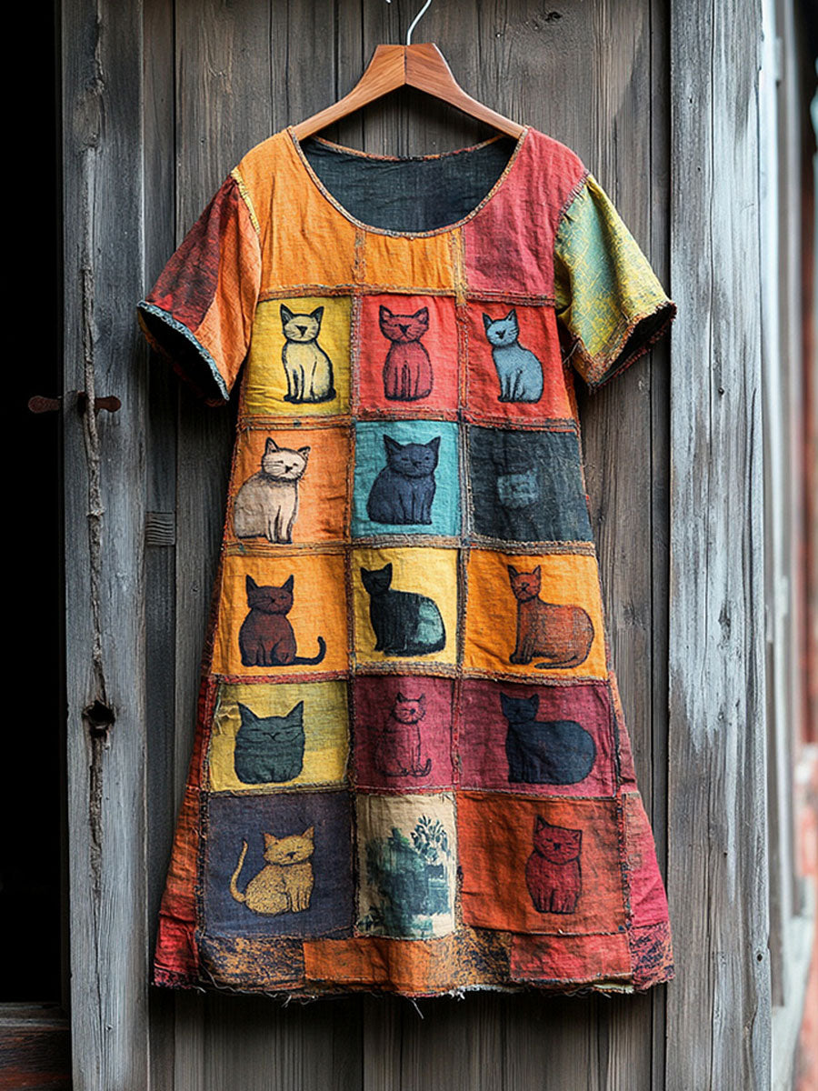 Women's Artistic Cat Patchwork Design Print Dress