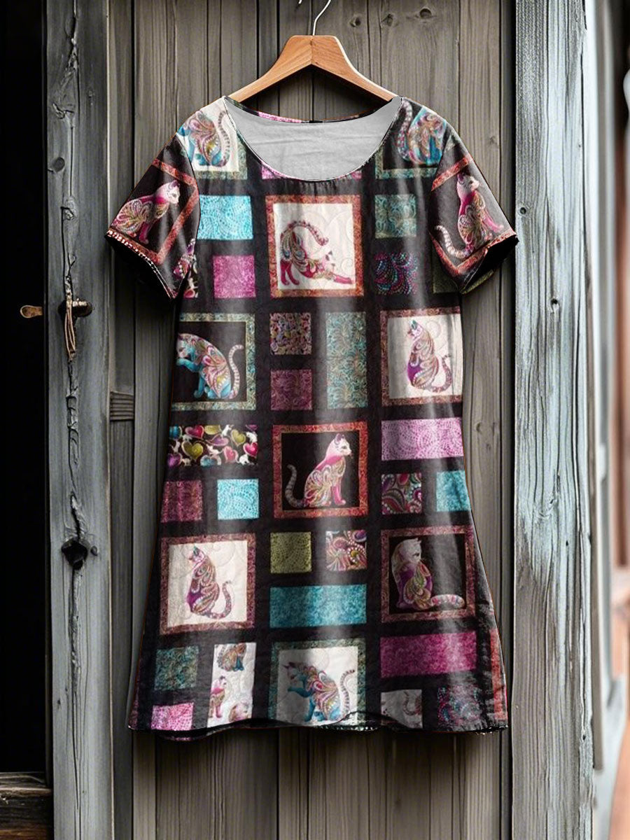 Women's Artistic Cat Patchwork Design Print Dress