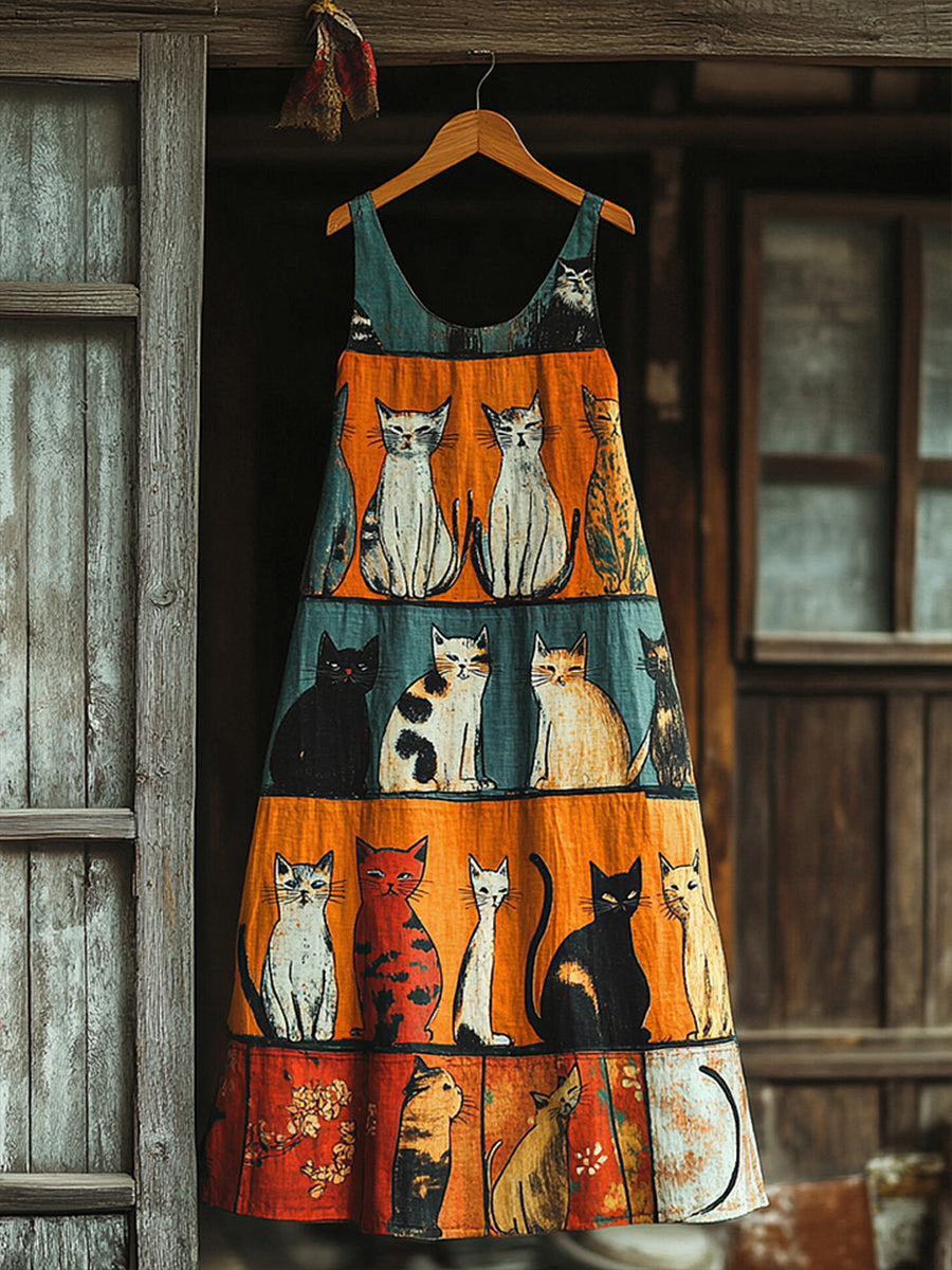 Women's Artistic Cat Patchwork Design Print Dress