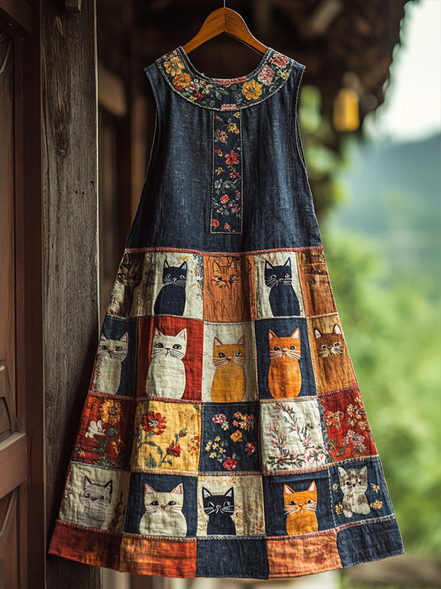Women's Artistic Cat Patchwork Design Print Dress