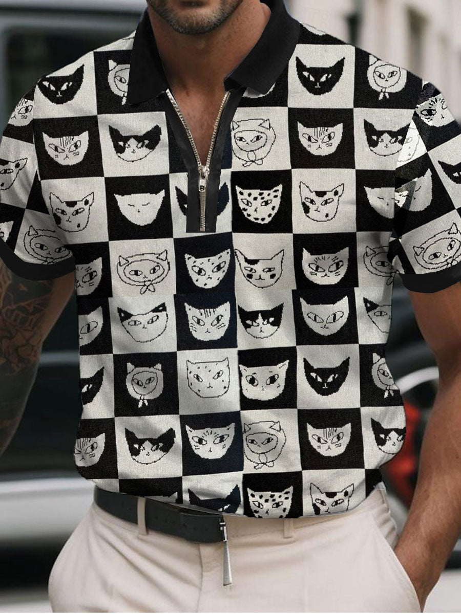 Men's Cat Art Print Casual Polo Shirt
