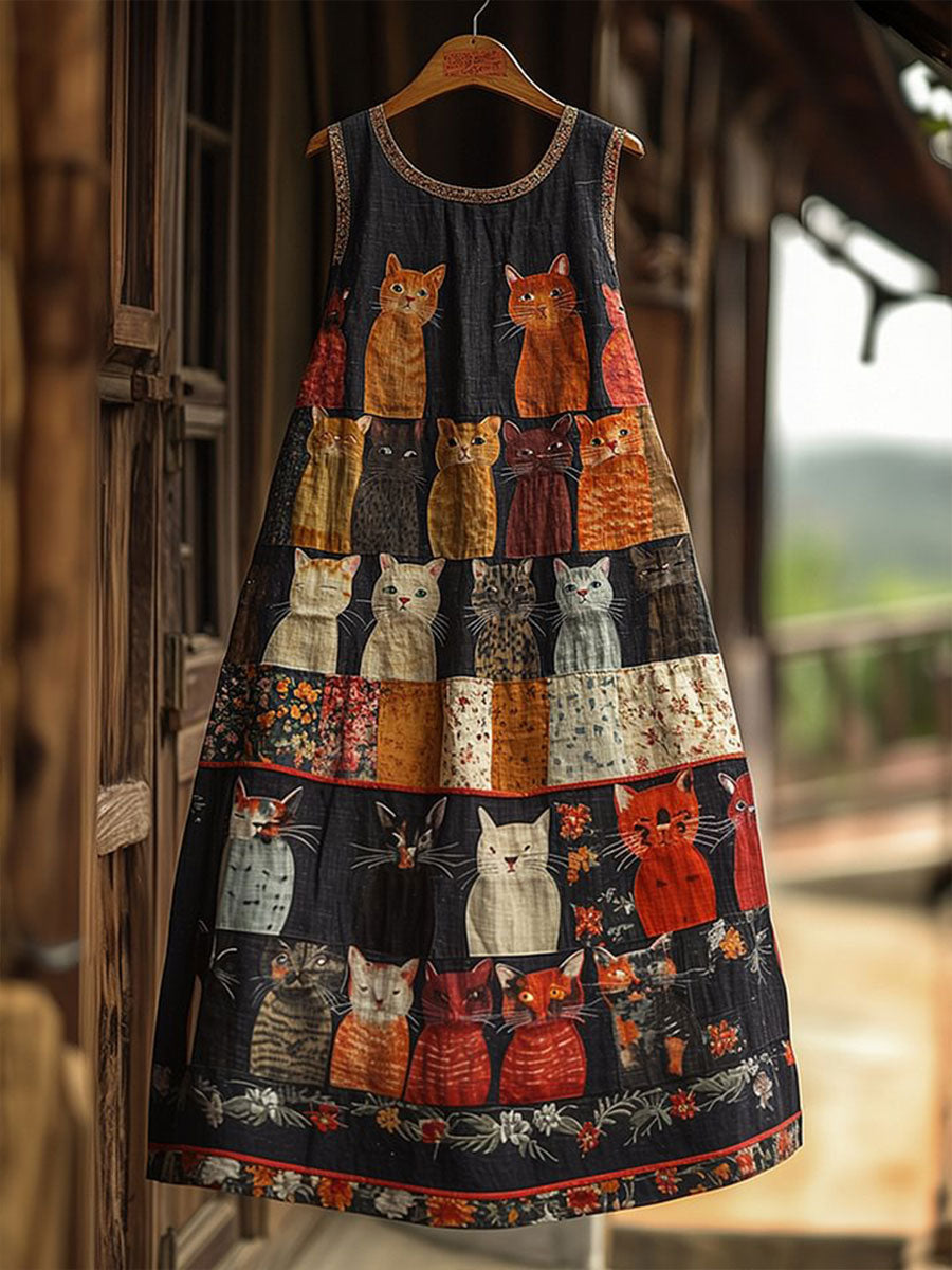 Women's Artistic Cat Patchwork Design Print Dress