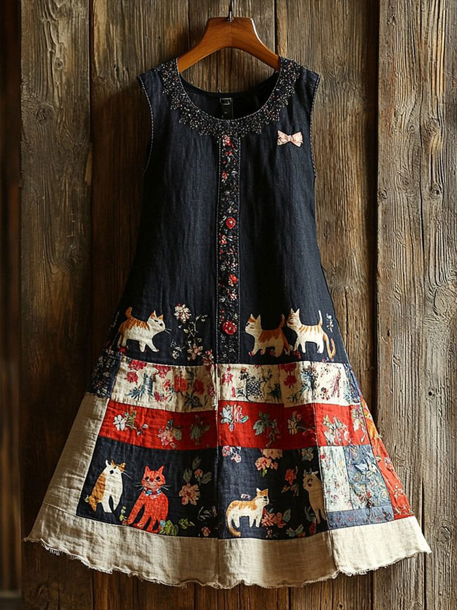 Women's Artistic Cat Patchwork Design Print Dress