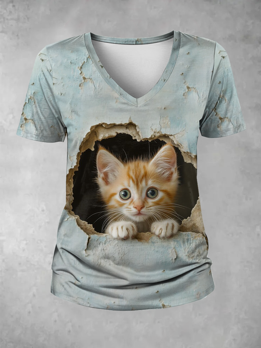 Women's Funny Cat Print V Neck T-Shirt