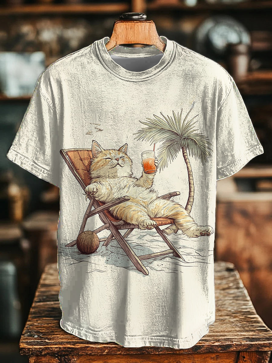 Unisex Beach Cat Print Casual T-Shirt