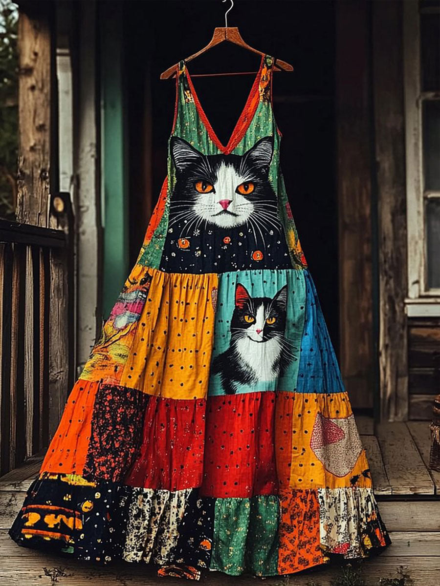 Women's Artistic Cat Patchwork Design Print Dress