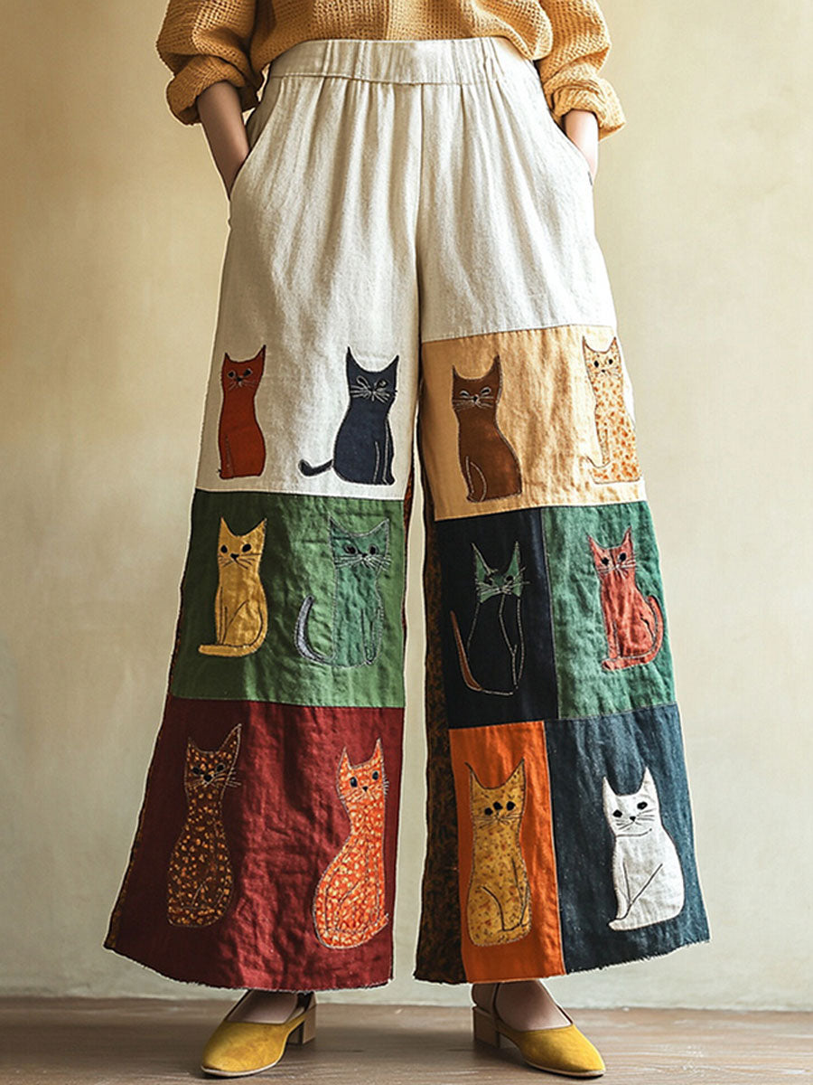 Women's Artistic Cat Patchwork Printed Casual Pants