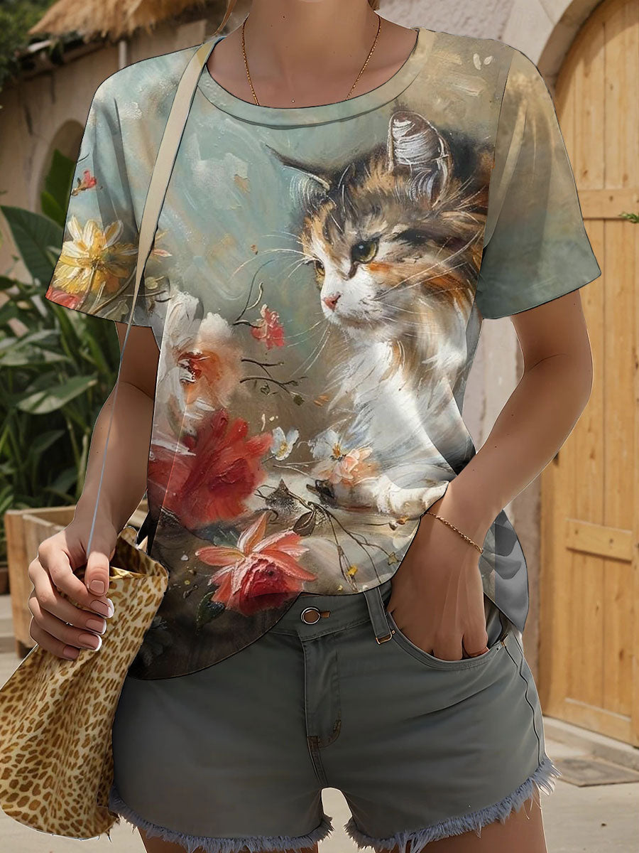 Women's Cat Art Print Casual T-Shirt