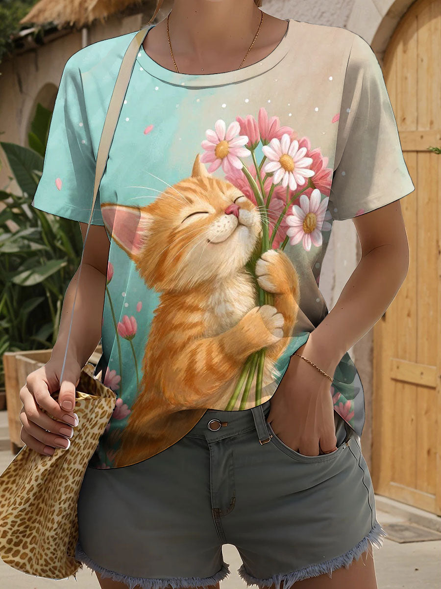 Women's Cat Art Print Casual T-Shirt