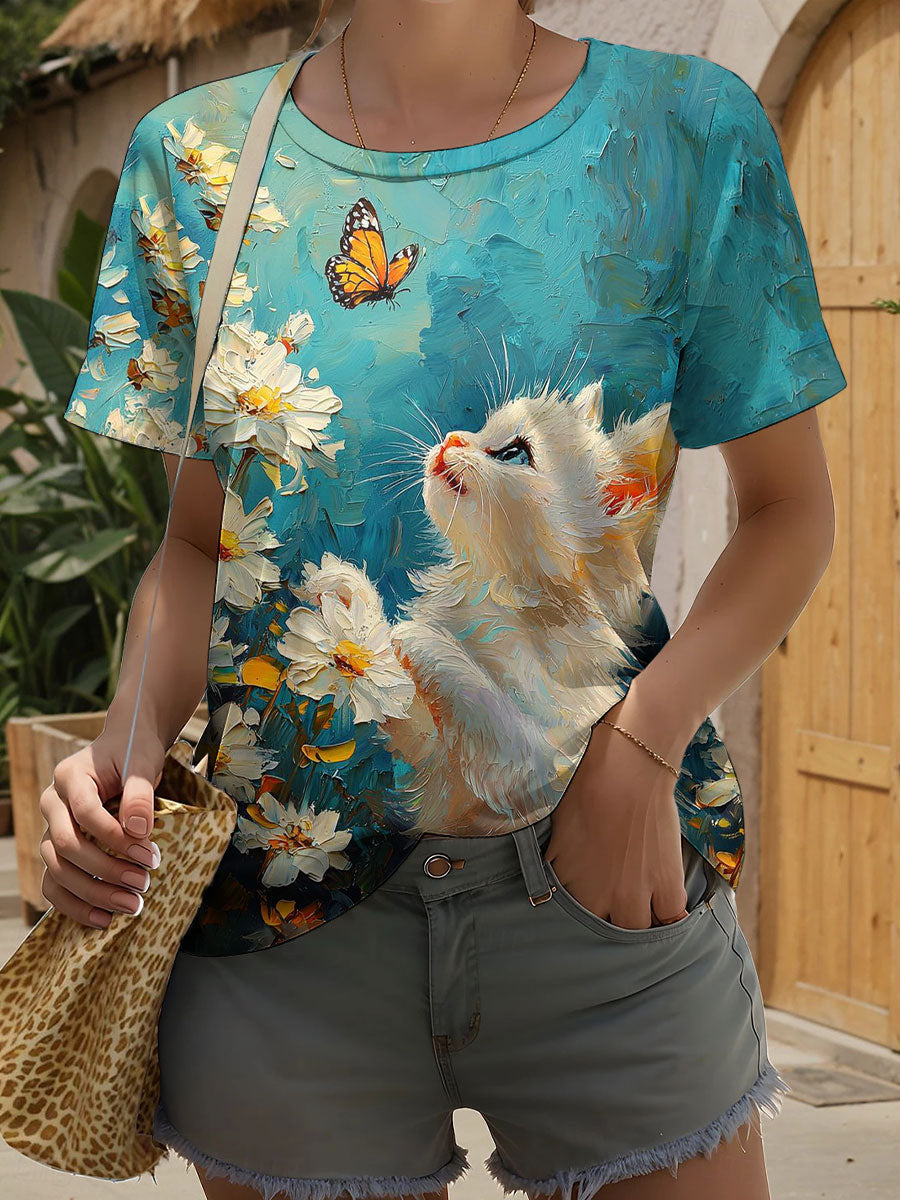 Women's Cat Art Print Casual T-Shirt