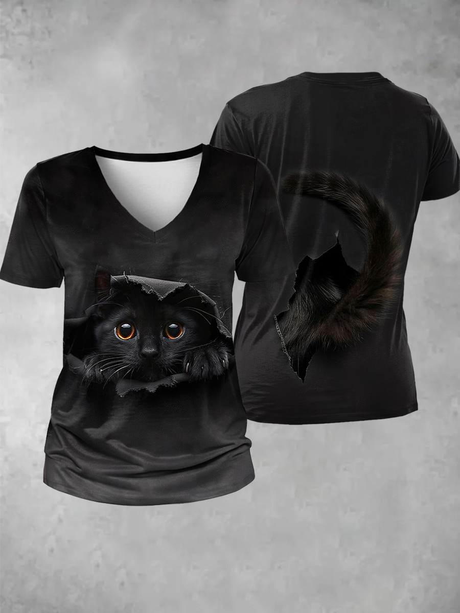 Women's Funny Cat Print V Neck T-Shirt