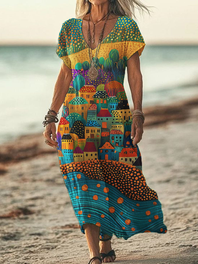 Women's V-neck Polka Dot Abstract Print Short Sleeve Cotton and Linen Flowing Dress