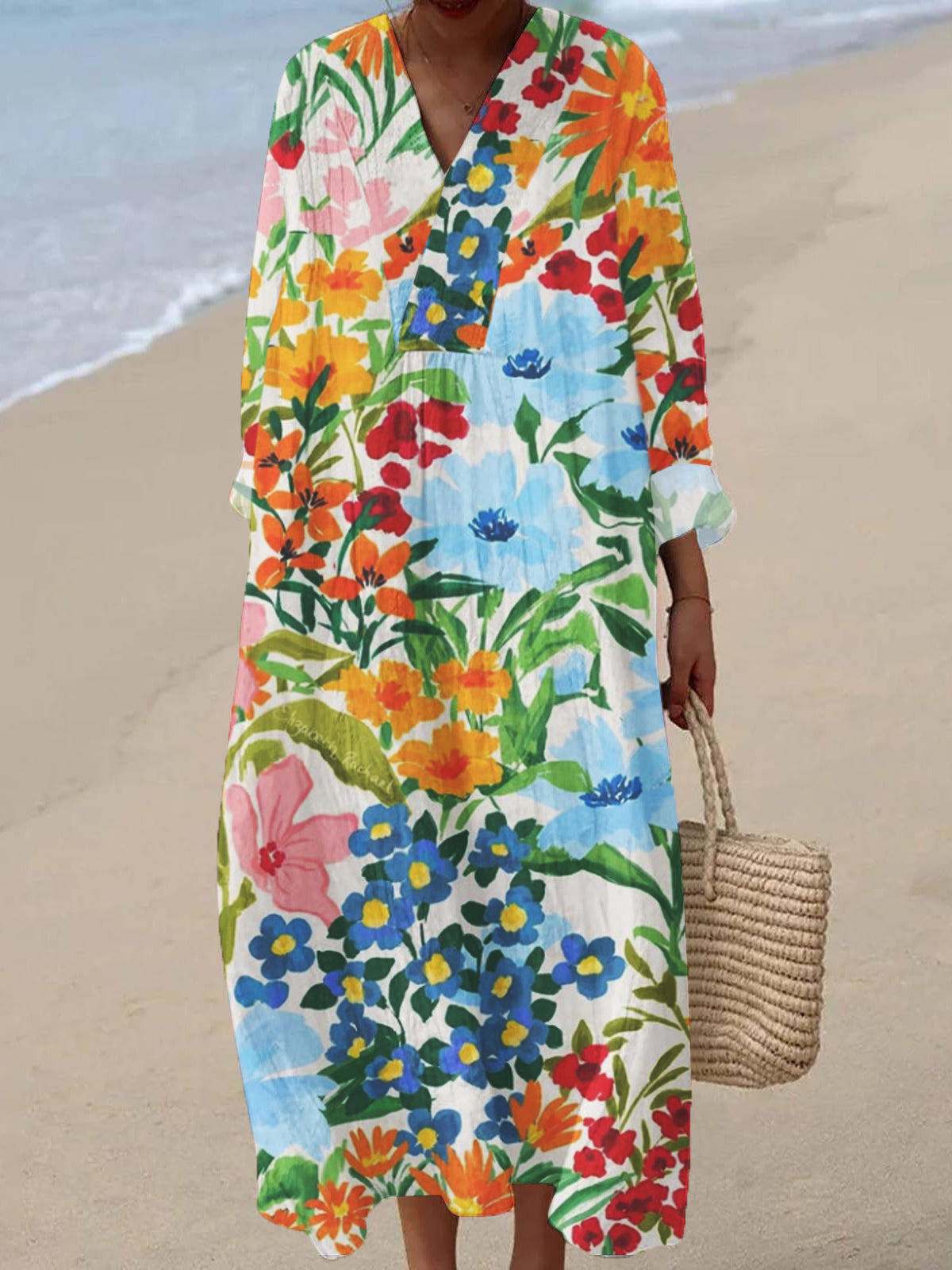 Women's V-neck Vintage Floral Print 3/4 Sleeve Cotton and Linen Dress