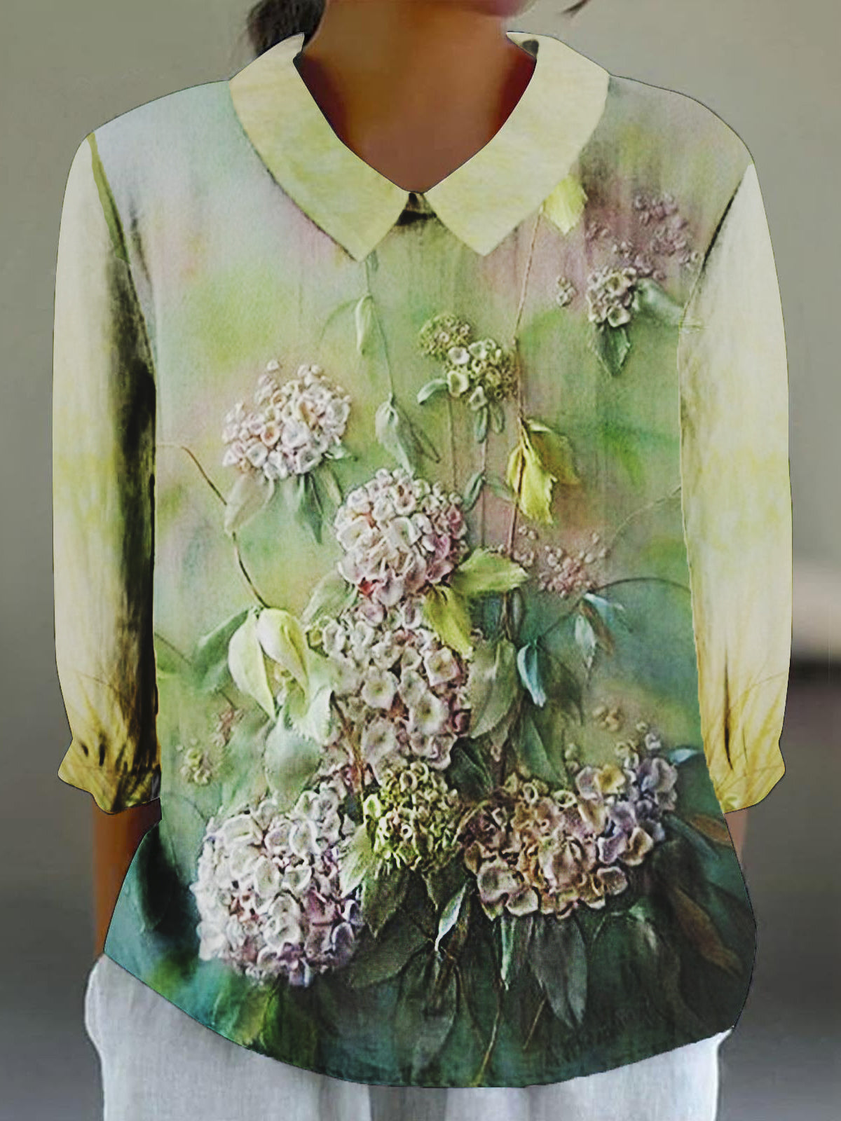 Women's 3D Floral Print 3/4 Sleeve Cotton and Linen Shirt