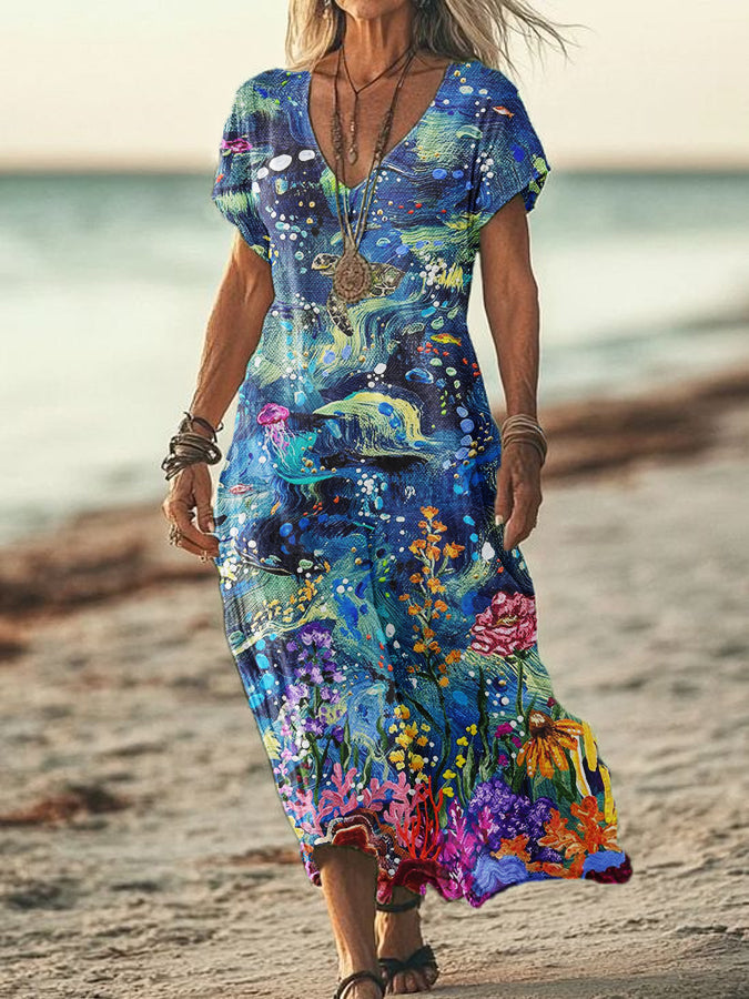 Women's Summer Seaside Vacation Style V-Neck Ocean Art Print Short Sleeve Cotton Dresses