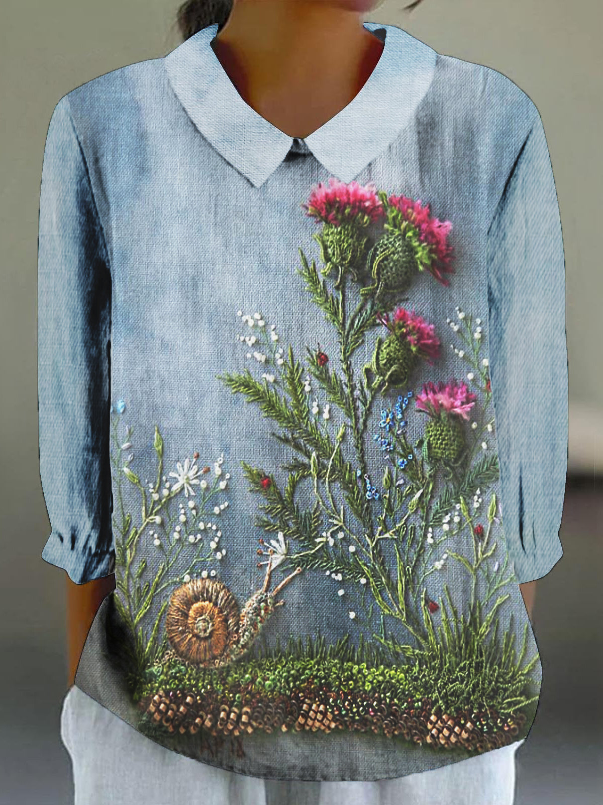 Women's 3D Floral Print 3/4 Sleeve Cotton and Linen Shirt