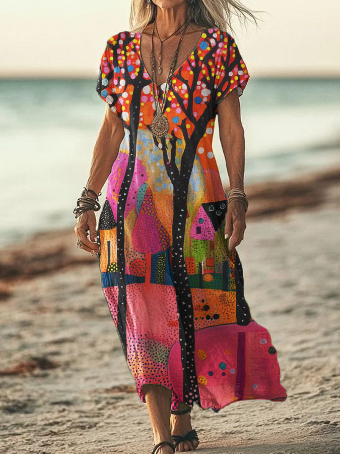 Women's V-neck Polka Dot Abstract Print Short Sleeve Cotton and Linen Flowing Dress