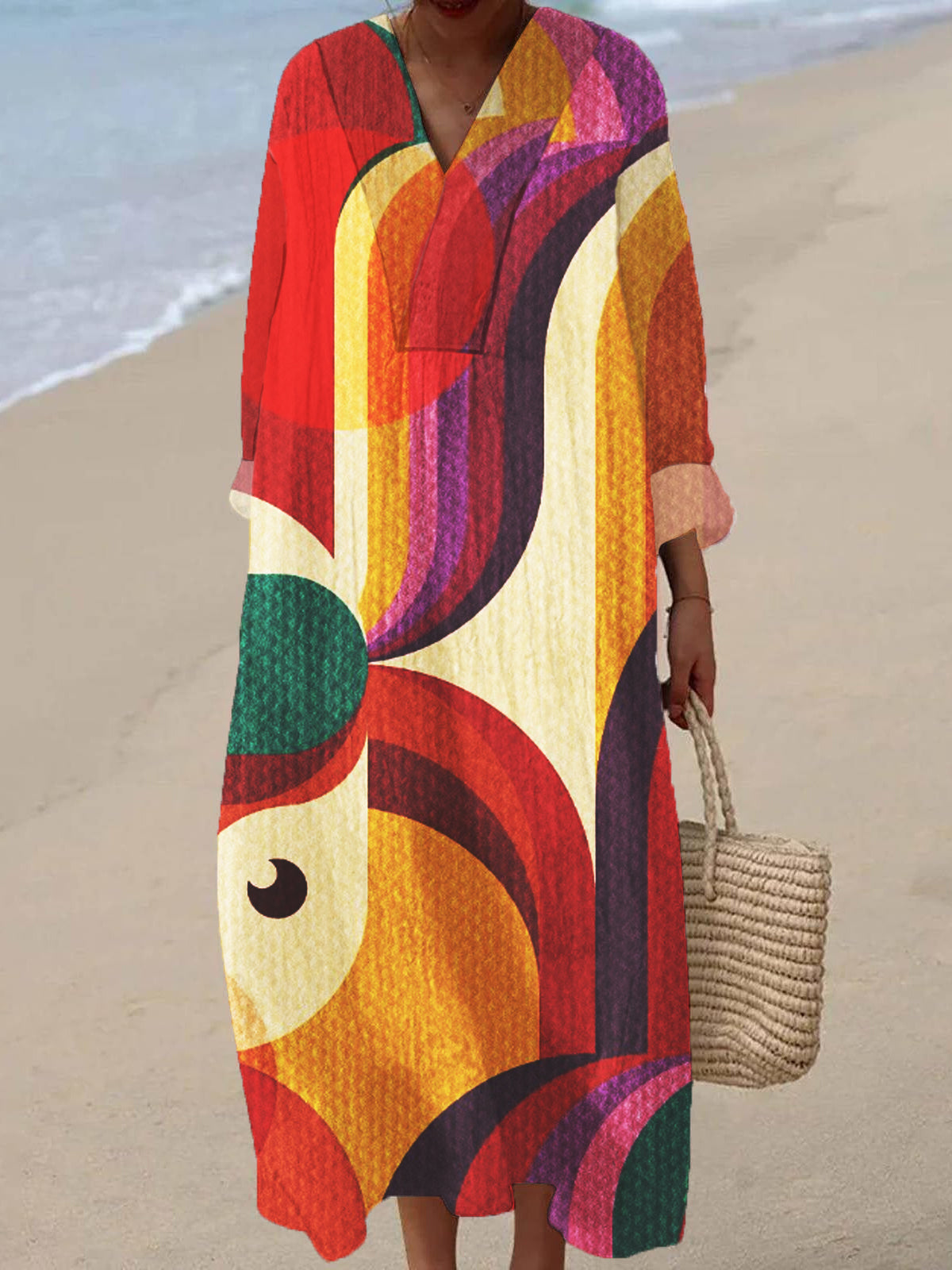 Women's V-neck Vintage Floral Print 3/4 Sleeve Cotton and Linen Dress