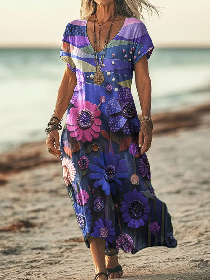 Women's V-neck Polka Dot Abstract Print Short Sleeve Cotton and Linen Flowing Dress