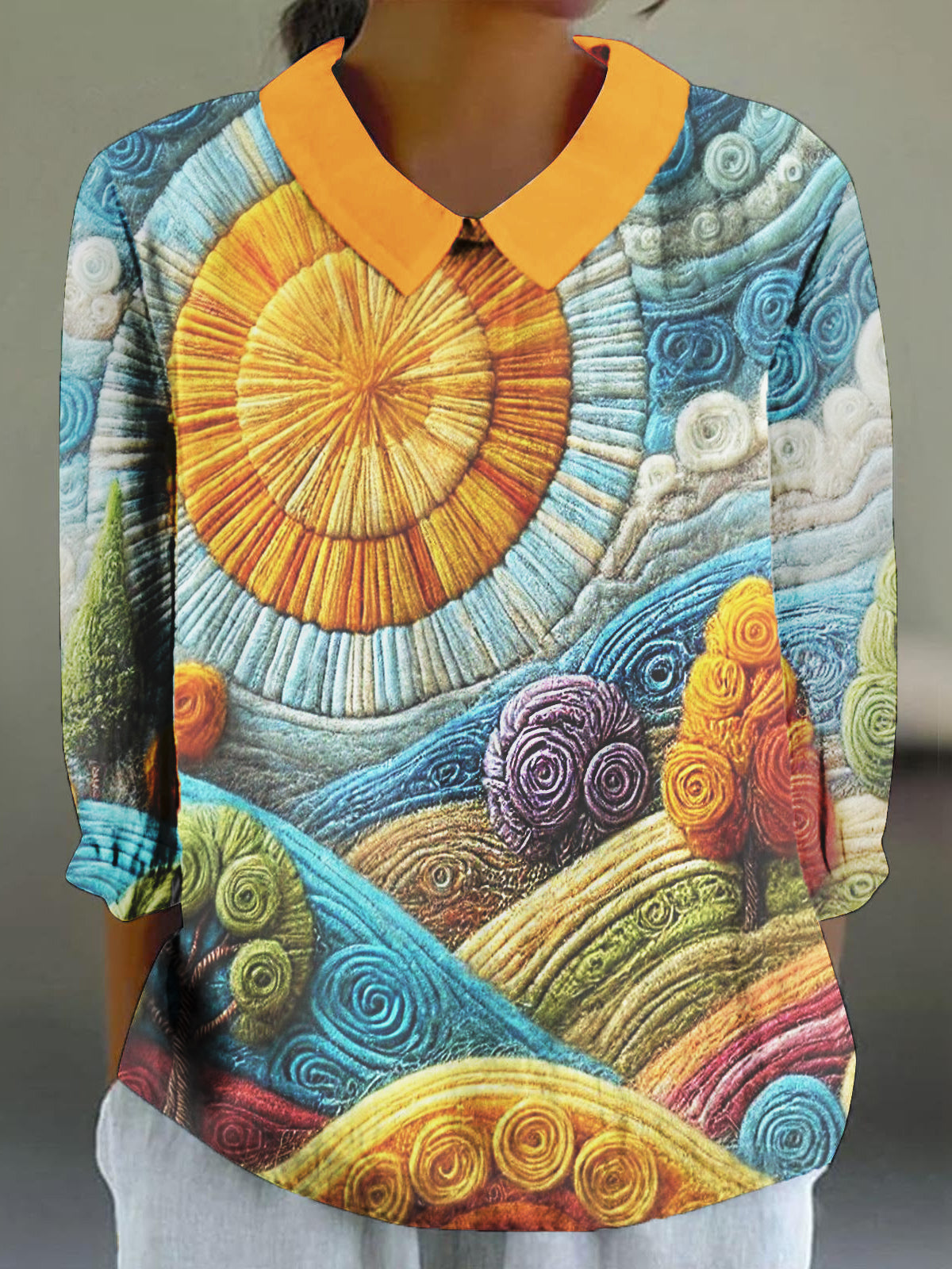 Women's 3D Natural Scenery Art Print 3/4 Sleeve Cotton and Linen Shirt