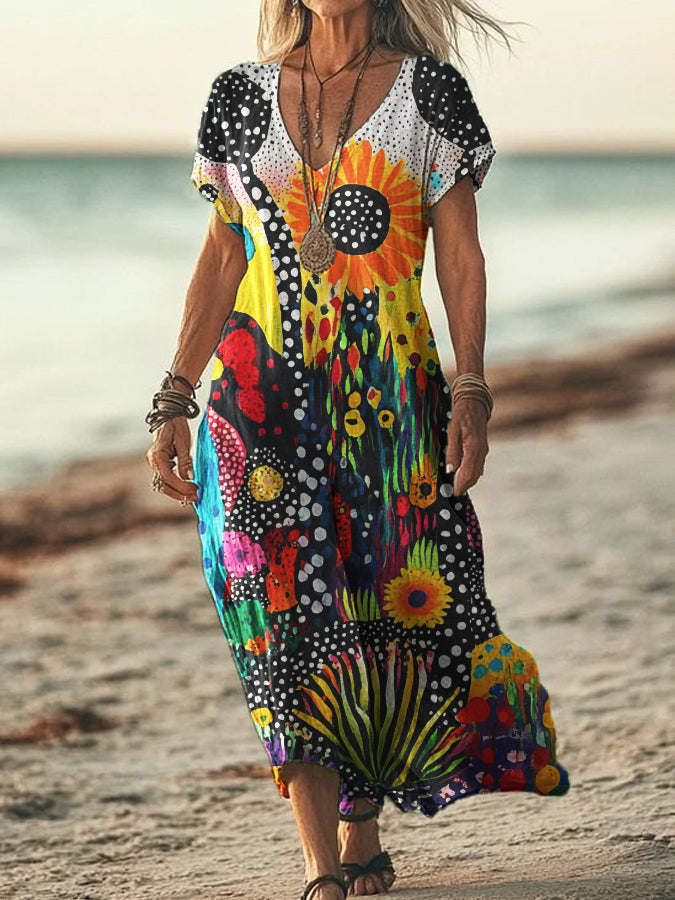 Women's V-neck Polka Dot Abstract Print Short Sleeve Cotton and Linen Flowing Dress