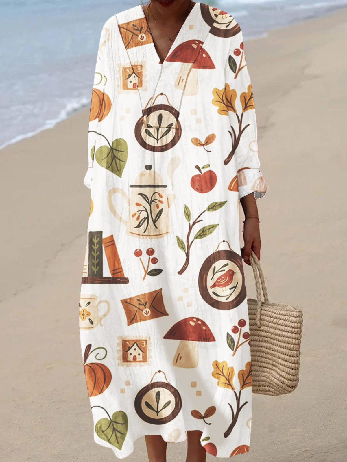 Women's V-neck Vintage Floral Print 3/4 Sleeve Cotton and Linen Dress