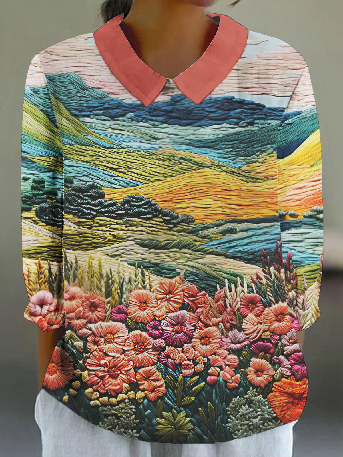 Women's 3D Natural Scenery Art Print 3/4 Sleeve Cotton and Linen Shirt