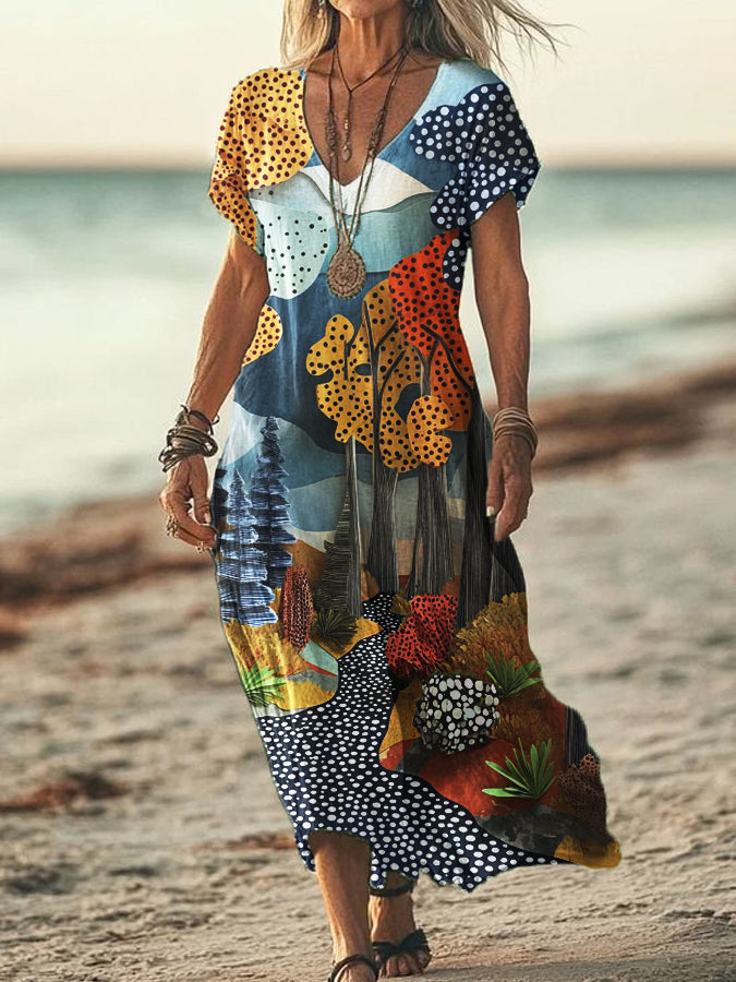 Women's V-neck Polka Dot Abstract Print Short Sleeve Cotton and Linen Flowing Dress