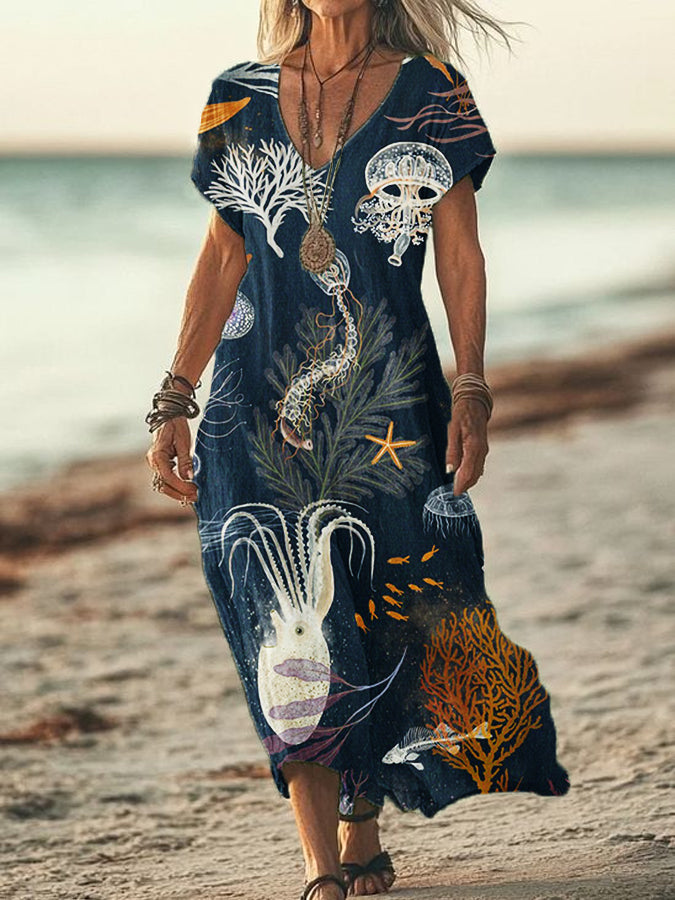 Women's Summer Seaside Vacation Style V-Neck Ocean Art Print Short Sleeve Cotton Dresses