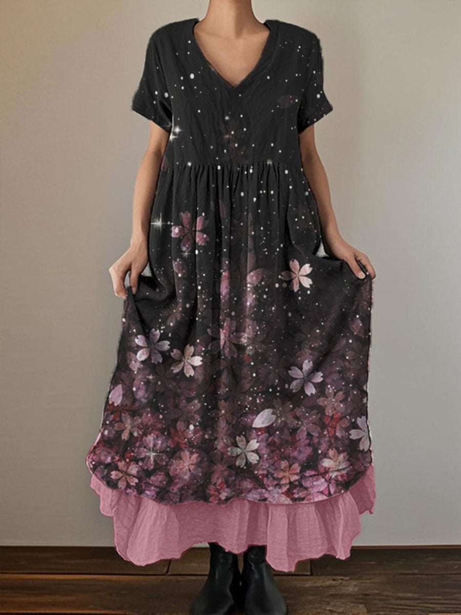 Women's Floral Art Print Short Sleeve Double Layer Cotton and Linen Dress